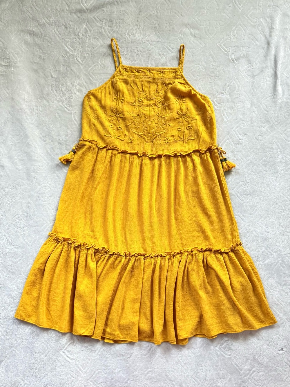 True Craft Mustard Tiered Spaghetti-Strap Midi Dress